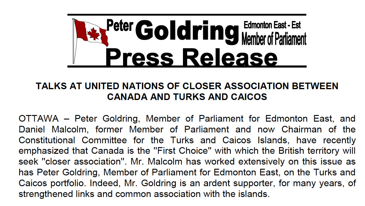 Talks at United Nations of Closer Association Between Canada and Turks and Caicos